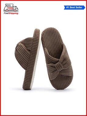✨ Corduroy Bow Crossbands Memory Foam Slippers Open Toe Comfy House Shoes